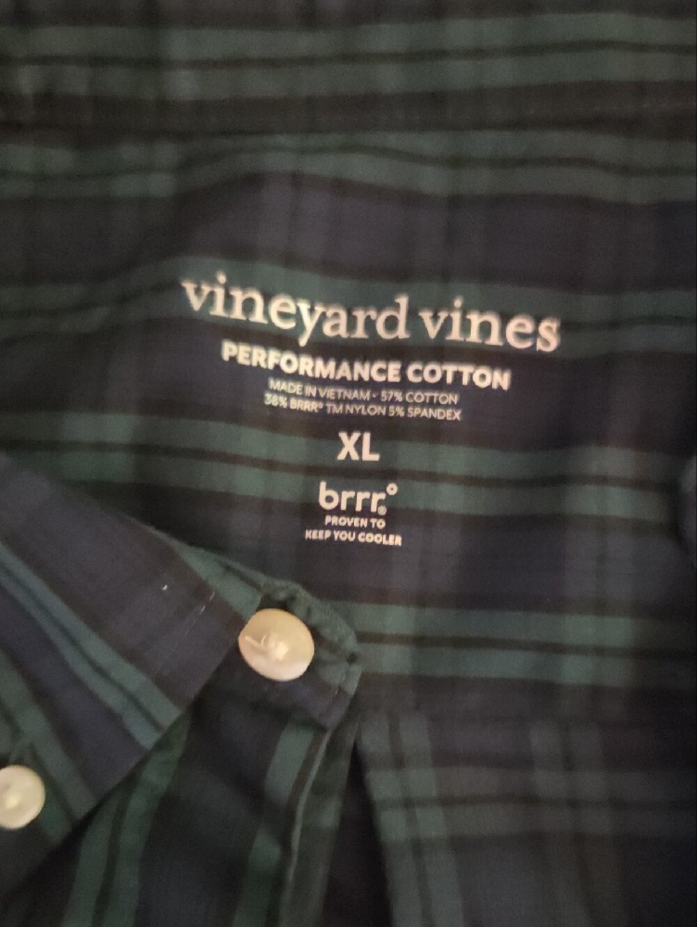 Vineyard Vines Navy and Green Plaid Performance Cotton Button-Down Shirt, XL - Picture 2 of 4